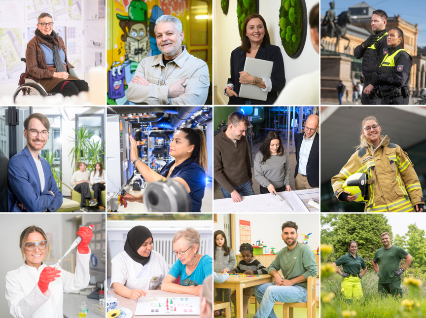 Collage verschiedener Tätigkeiten, die die Vielfalt unserer Jobs zeigt.
